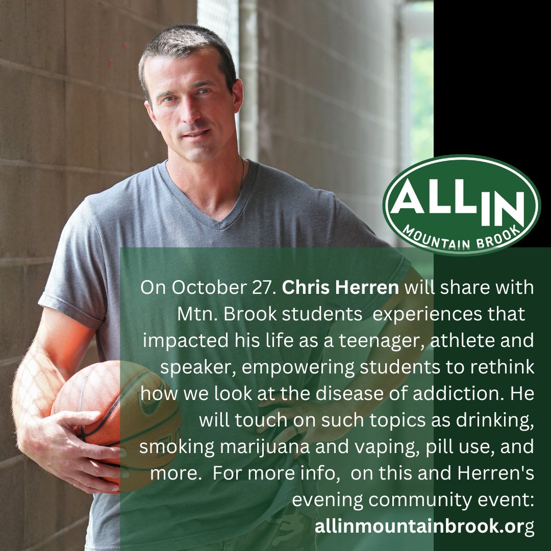 "Unguarded" Chris Herren (former NBA player) <a href="/herrentalks/">Herren Talks</a> <a href="/c_herren/">Chris Herren</a> will speak this Thursday, Oct. 27th at 7pm <a href="/mtnbrookhs/">Mountain Brook High School</a> FREE EVENT, register today at allinmountainbrook.org   #allinmtnbrook  Your opportunity to #hearherren for FREE