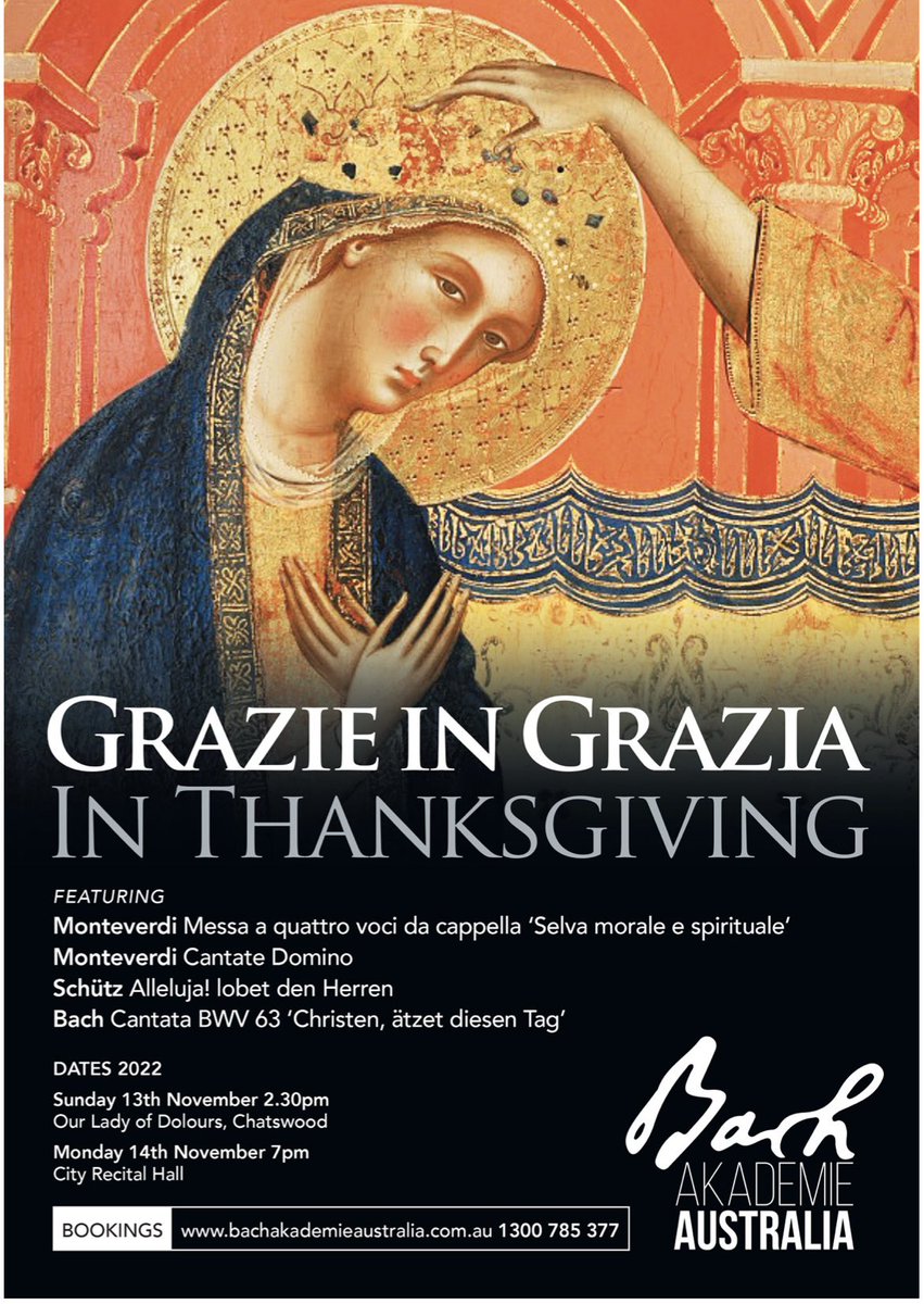 Bach Akademie Australia makes our debut at the <a href="/CityRecitalHall/">City Recital Hall</a>  on Nov 14th with a program all about thanksgiving! Featuring Monteverdi’s great mass of 1631 written in celebration of the end of the plague of Venice.
bachakademieaustralia.com.au