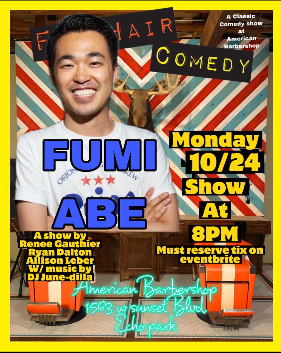 ComedyFreshair's tweet photo. @TheFumiAbe is on #FresHairComedy MON 10/24 8pm in #EchoPark! BYOB! FREE DRINKS! Limited seating. Get tix now! Link in bio! https://t.co/i7bTQ7M3y6
