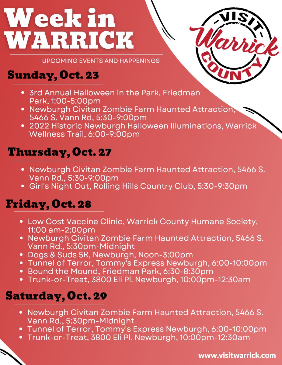 So many exciting things are happening this upcoming week in Warrick! Get outside and enjoy all that Warrick County is offering this week 😄🍂🎃