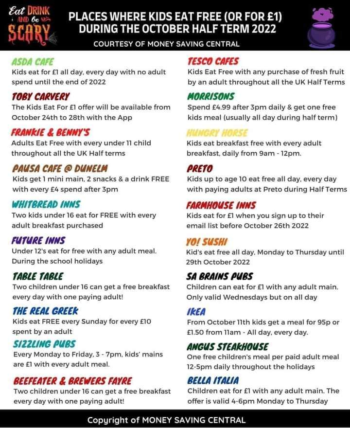 Thanks for putting this on my radar <a href="/FoziaShaheen3/">Fozia Shaheen</a> 

During October Half Term 2022, meals for kids offered at various cafes/ restaurants for free (or for £1). 

Details on the poster below 👇

Please share far and wide to reach as many people as possible 🙏 

<a href="/samanthallen/">Sam Allen 💙</a>