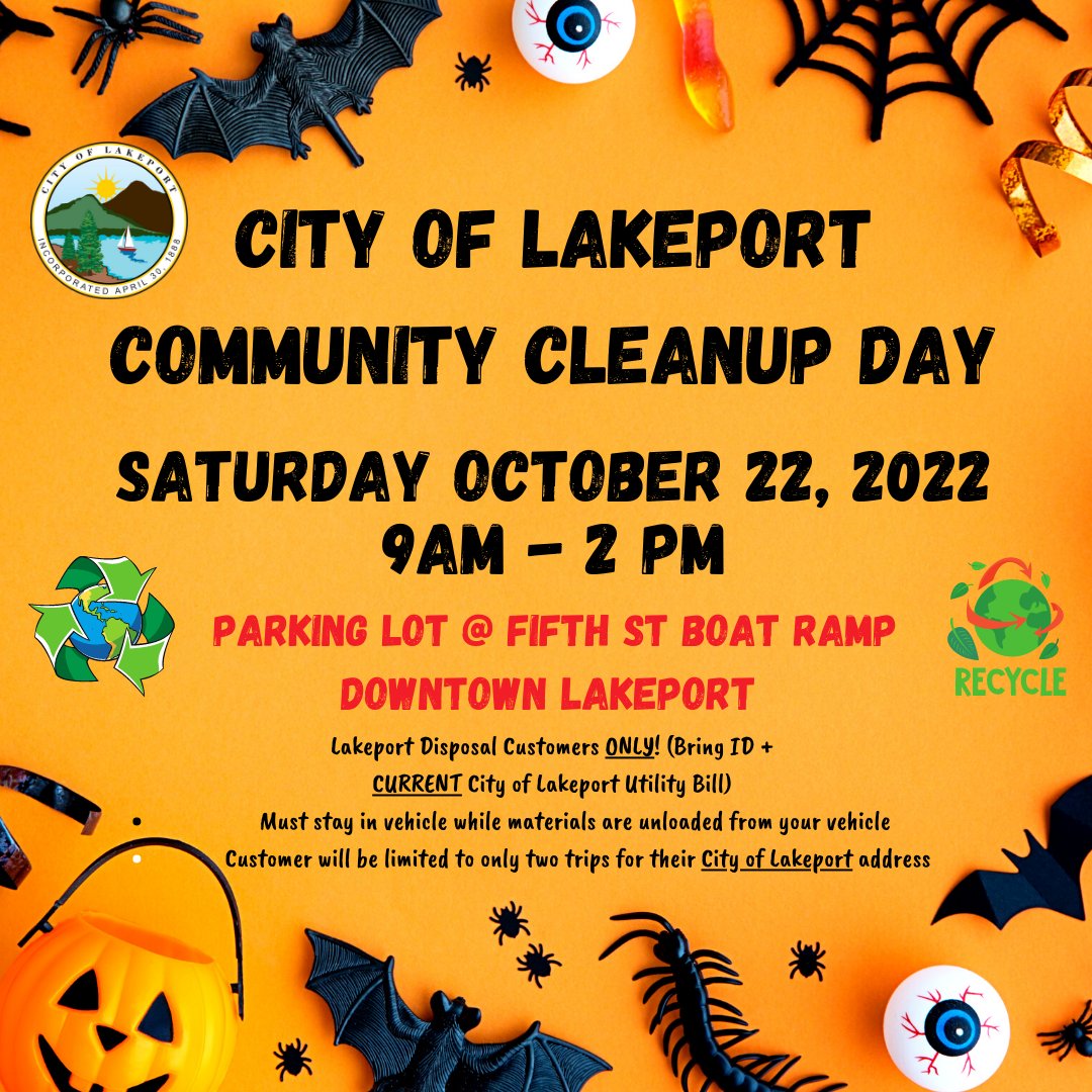 Lakeport's Fall 2022 Community Cleanup Day is tomorrow, October 22 between 9AM and 2PM in the public parking lot near the Fifth Street boat ramp in downtown #LakeportCA. This event is for City of Lakeport residents only!  cityoflakeport.com/news_detail_T1… #Lakeport #cleanupday