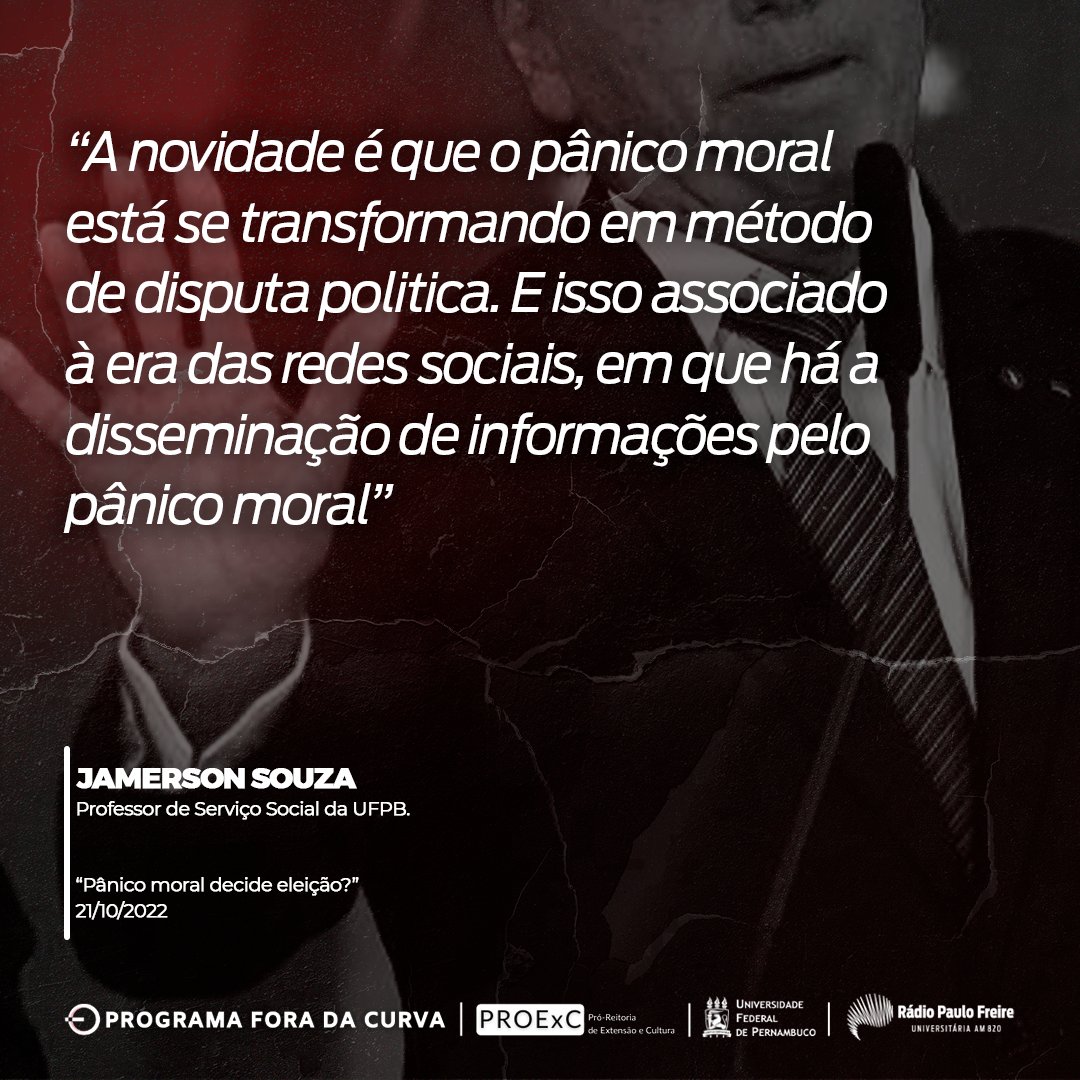progforadacurva's tweet photo. Campanhas marcadas pelo pânico moral e fake news tem marcado a corrida eleitoral presidencial.

No programa #ForadaCurva dessa sexta (21/10), questionamos : “Pânico moral decide eleição?” https://t.co/fvsSvY8jyT