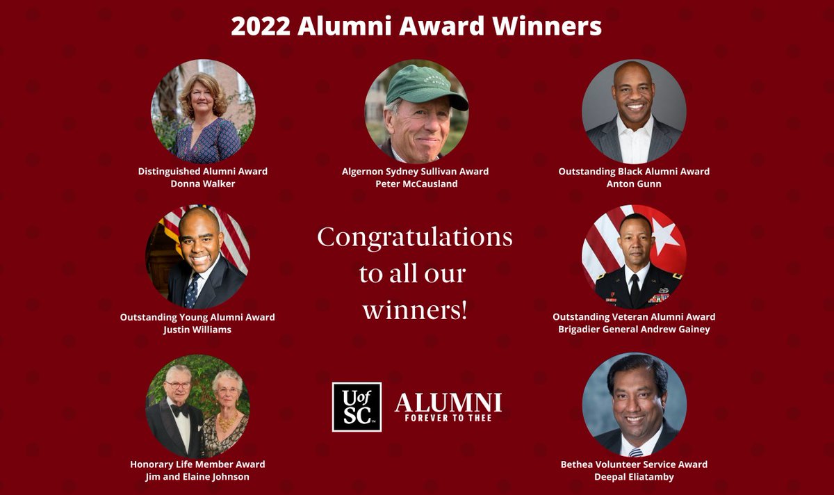 We are pleased to recognize our 2022 <a href="/UofSC/">University of South Carolina</a> Alumni Award recipients! These Gamecocks will be honored during the @UofSCAlumni Homecoming festivities. #UofSCHomecoming @antonjgunn <a href="/pulidowalker/">Pulido~Walker</a>