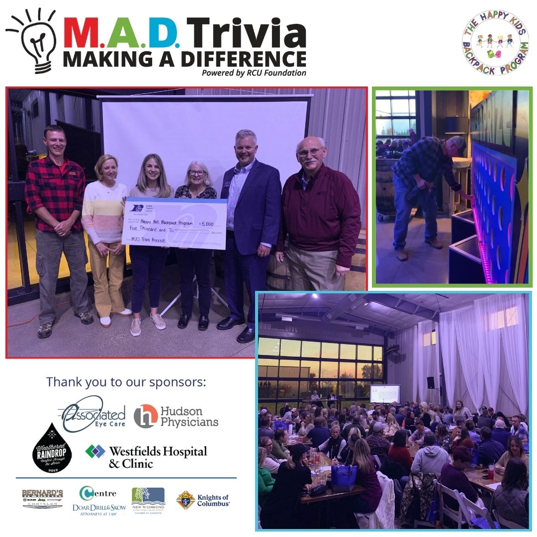 Royal_CU's tweet image. Last night, the RCU Foundation and the New Richmond Area Chamber of Commerce hosted the first M.A.D. Trivia event and raised $5,000 for the New Richmond School District's Happy Kid's Backpack Program! A huge thank you to all of our sponsors and all those who attended.