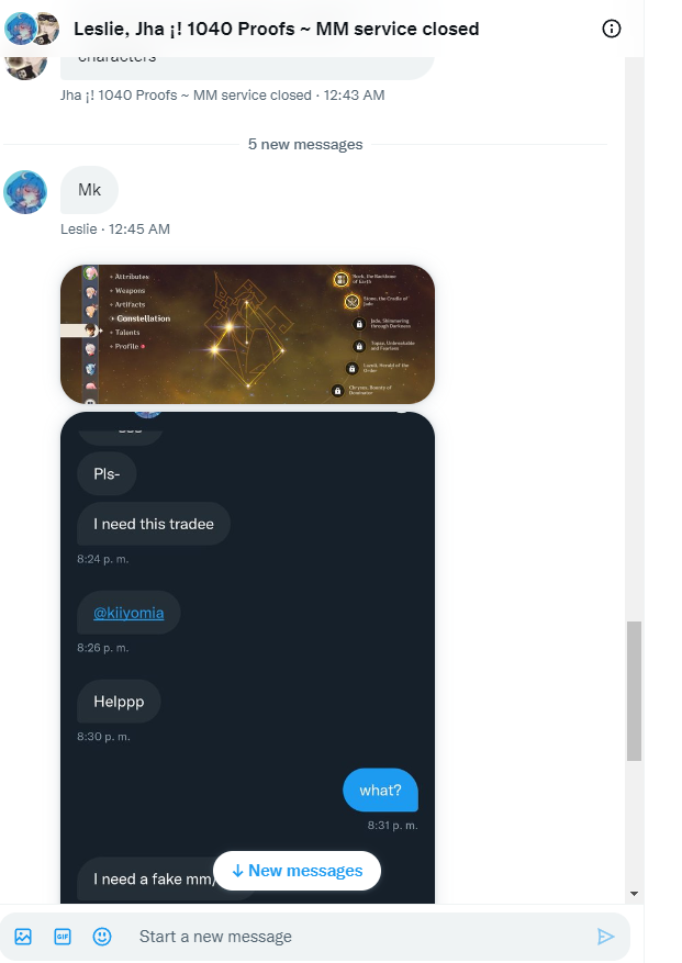Jenserse's tweet photo. SCAMMER ALERT! @Le3_La3 @nuriqer this is so funny lmao (screenshots not in order, I have more so check replies) #genshintrade #Genshintrading #genshintrades https://t.co/qtxGesUiCr