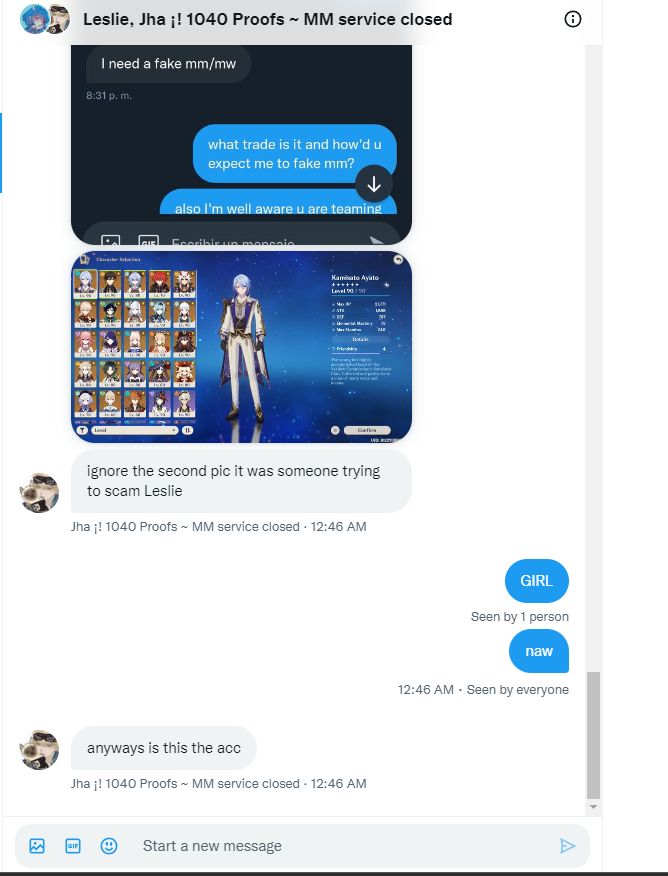 Jenserse's tweet photo. SCAMMER ALERT! @Le3_La3 @nuriqer this is so funny lmao (screenshots not in order, I have more so check replies) #genshintrade #Genshintrading #genshintrades https://t.co/qtxGesUiCr