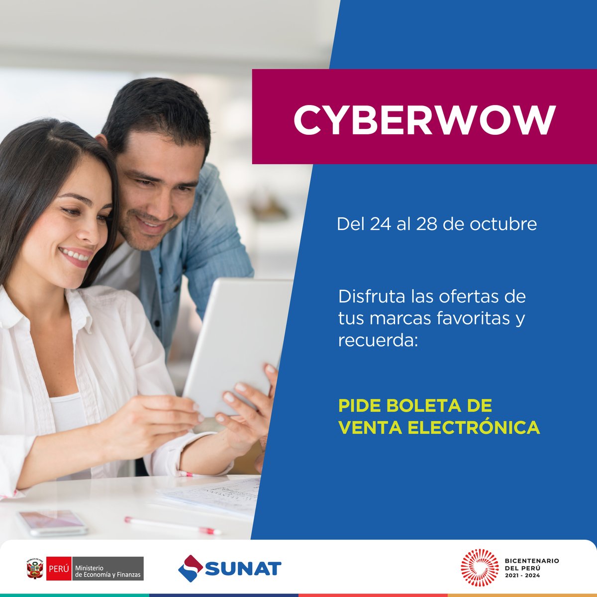 Hoy inicia la semana del #cyberwow 🛒🛍 Empresarios y #emprendedores se unen para ofertar productos y servicios 'en línea'. ¡Verifica que tengas una conexión de internet segura! Y recuerda: #PideBoleta electrónica ☝️🏾