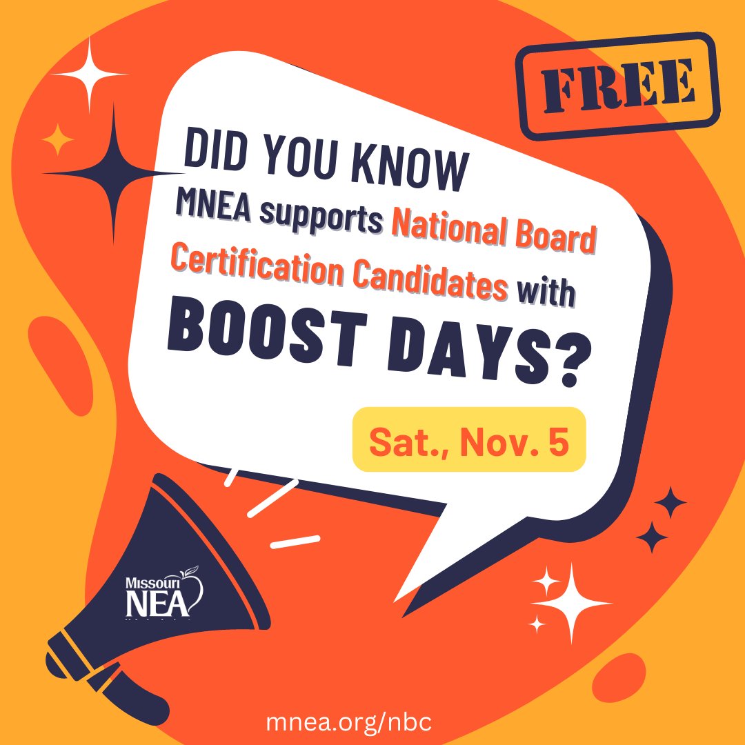 MNEA hosts National Board Certification candidate workdays to support first-time candidates, advanced candidates, and renewal candidates submitting one or more components during the 2022-2023 school year. 
VIRTUAL | FREE 
9 AM—3 PM | Sat., Nov. 5
Register: bit.ly/3ERyaRK