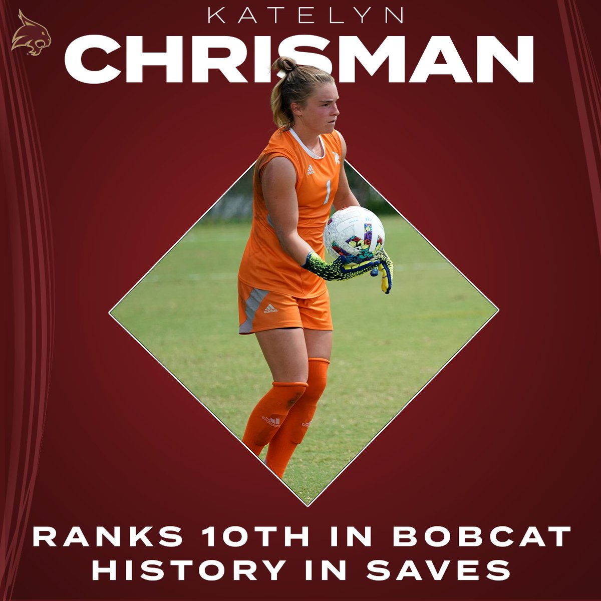 TXStateSoccer's tweet image. With her 5 saves on Thursday to increase her career total to 63, @chrismank0 moved into 10th place on the Texas State career list!

#EatEmUp #SunBeltWSOC