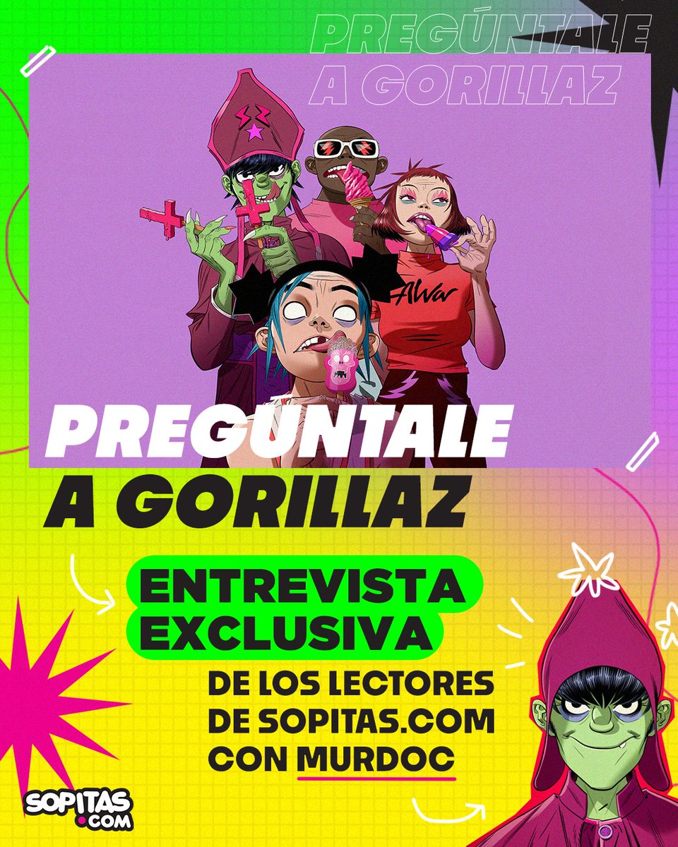 sopitas's tweet photo. #EXCLUSIVA: ¡https://t.co/Nogmy3MA2H tendrá la ÚNICA entrevista que @gorillaz dará en México y queremos que seas parte!

¿Qué les preguntarías? Elegiremos las mejores preguntas para una increíble sorpresa. 

#PregúntaleaGorillaz https://t.co/b8hKX0Ymgs