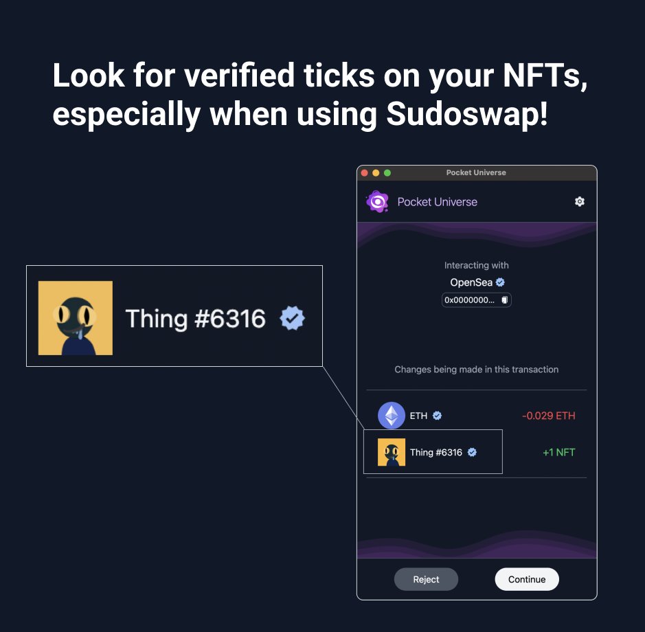PocketUniverseZ's tweet image. As usual we protect you from the tactic mentioned by @0xQuit here 🤝

TLDR:
1/ they set up a fake Sudoswap with an asset that they don't have - so the trx fails
2/ they link you another swap with a counterfeit NFT

Make sure you look for that verified tick in Pocket Universe ✅