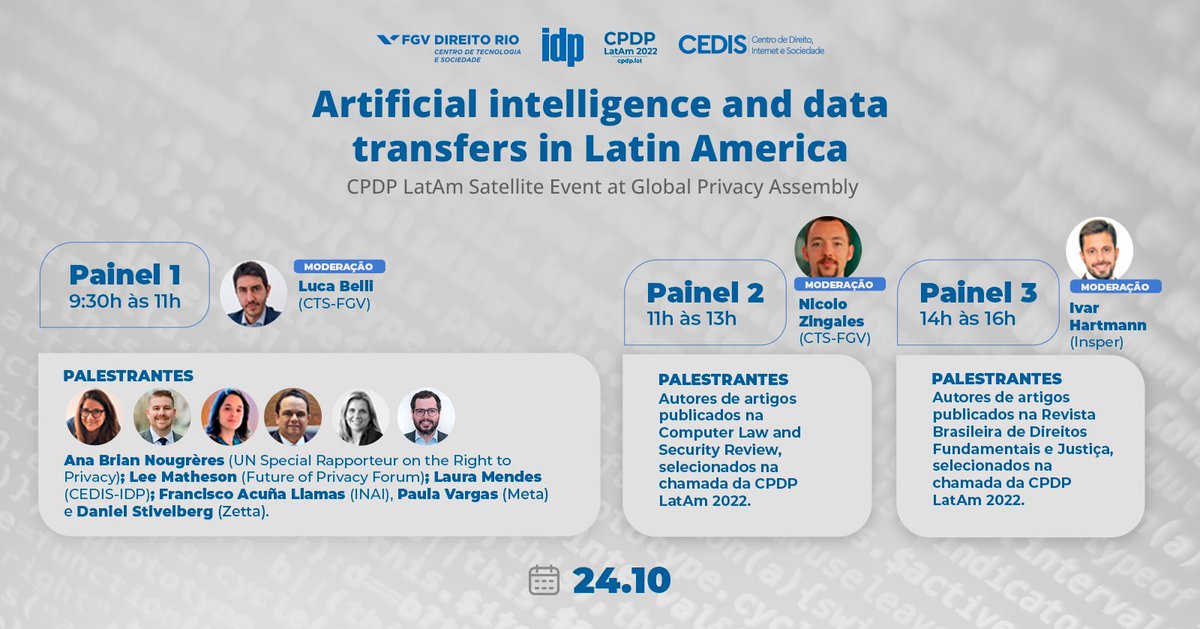 A Conferência “Inteligência artificial e transferências de dados na América Latina” é um evento satélite da <a href="/CPDPlatam/">CPDP LatAm</a> organizado no âmbito da Global Privacy Assembly (GPA) <a href="/PrivacyAssembly/">Global Privacy Assembly</a> 
Conta com a participação do CEDIS - IDP em parceria FGV Direito Rio.
#CPDPlatam2022 #GPA