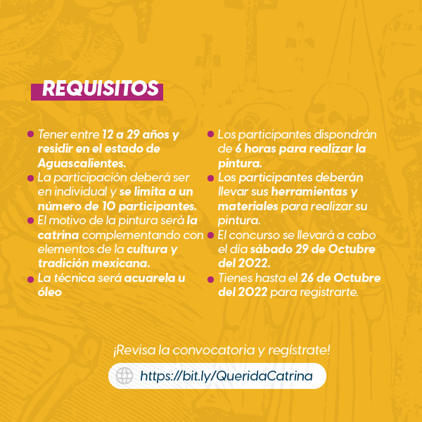 ¡𝐏𝐫𝐞𝐩𝐚𝐫𝐚 𝐭𝐮𝐬 𝐩𝐢𝐧𝐜𝐞𝐥𝐞𝐬! 🖌💀
Participa en "Querida Catrina", el concurso de pintura donde tendrás 5 horas para echar a volar tu imaginación. ¡Atrévete! ☺️

💀Consulta la convocatoria y registro en: linktr.ee/iajuags