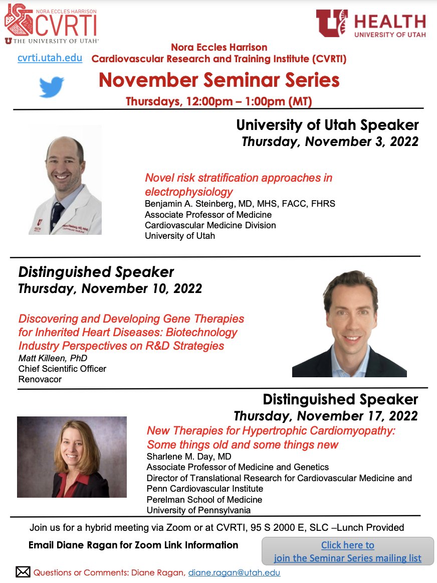 We're excited to welcome our November Seminar Speakers. Join us the first three Thursdays of the month ❤️ @UofUCV @UofUResearch @UofUSurgery @UofUHealth @UofUCTSurgery @UofUMedicine