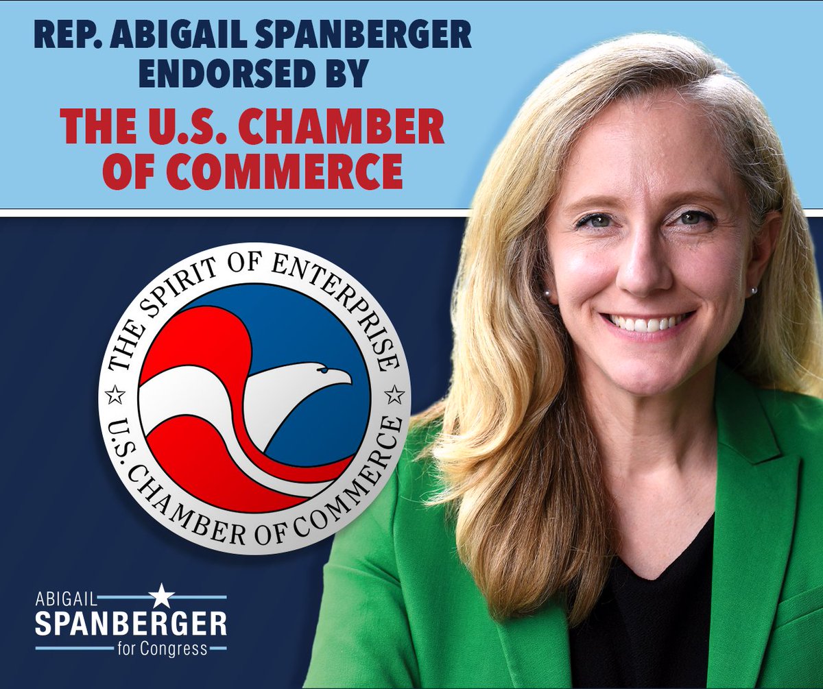 Today, I’m proud to earn the endorsement of the @USChamber for my work to support Virginia’s small businesses, workforce, infrastructure, and overall economy. Thank you for your endorsement! 🇺🇸