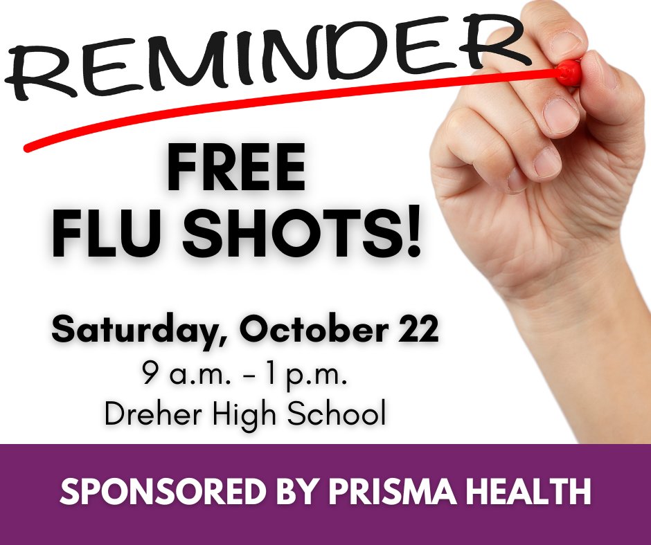 Reminder @RichlandOne students, staff, parents & community: Drive-through flu shot clinic tomorrow (10/22) 9a -1p @DreherHigh. #TeamOne #OneTeam #PrismaHealth #FightTheFlu