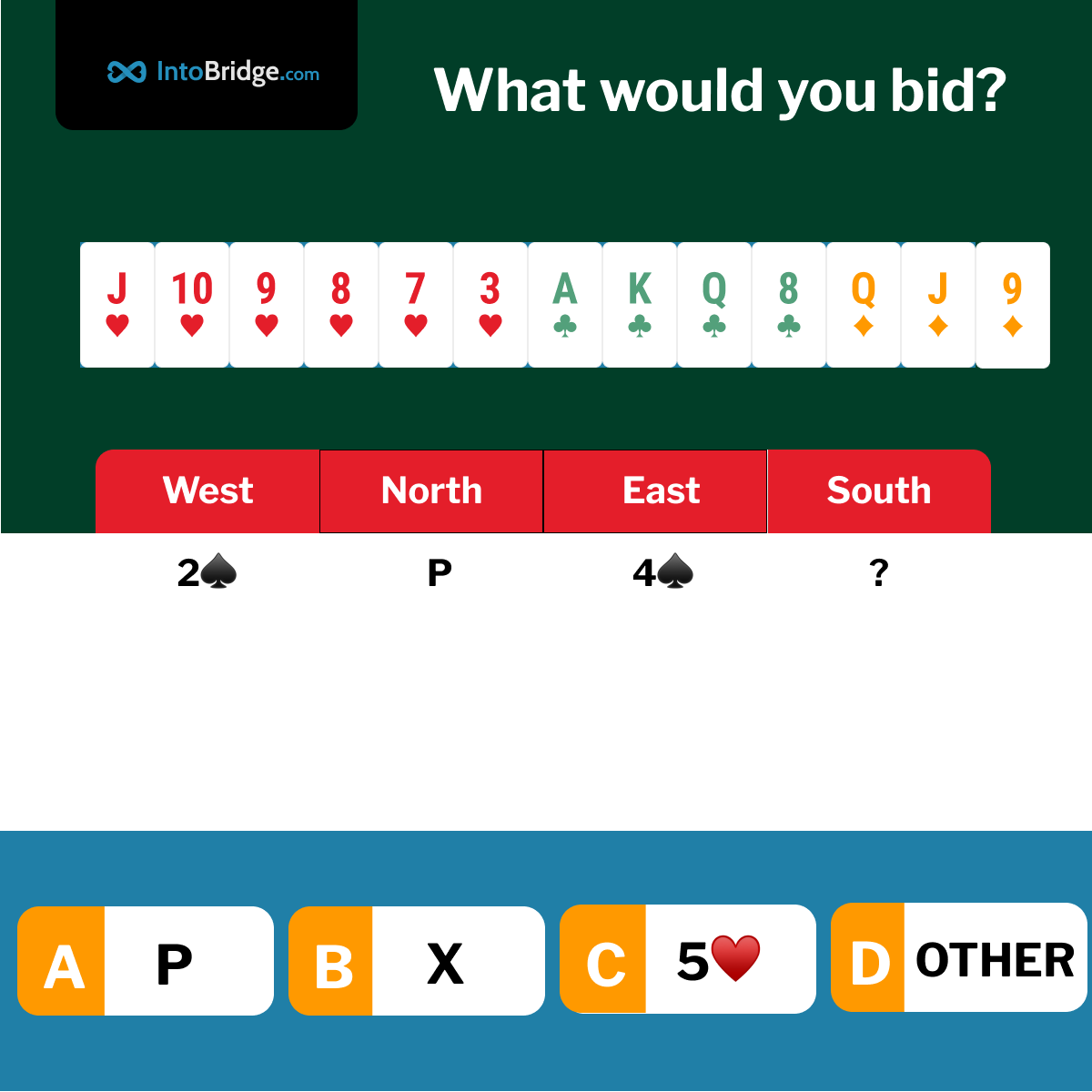 IntoBridgeCom's tweet image. Unpleasant Situation
On today's deal, you, playing as South, are in 4th seat. West, on the left, opens the bidding with 2♠, raised to 4♠ by East. You are in Red vs Red. Your call? IMPs Scoring.
#bridge #playbridge #learnbridge #cards #contractbridge #duplicatebridge