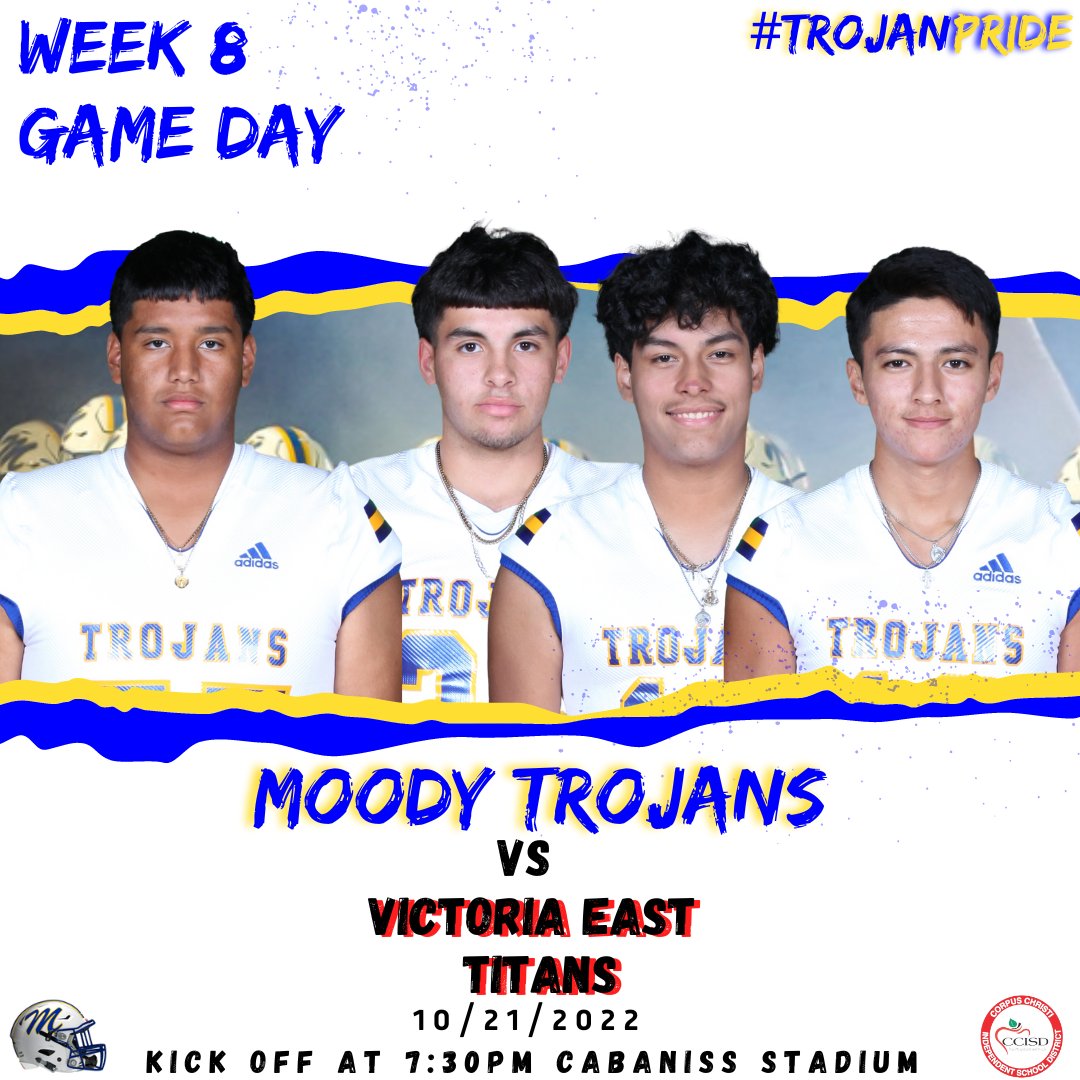 🚨Game Day🚨
🆚 Victoria East Titans
🗓 Friday, Oct. 21st
🕢 7:30 PM
🏟 Cabaniss Stadium
💻 youtube.com/channel/UCr-bi…
📍3202 Cabaniss Pkwy, Corpus Christi, TX 78415
#TrojanPride🔵🟡
#TrojanTough🛡️⚔️