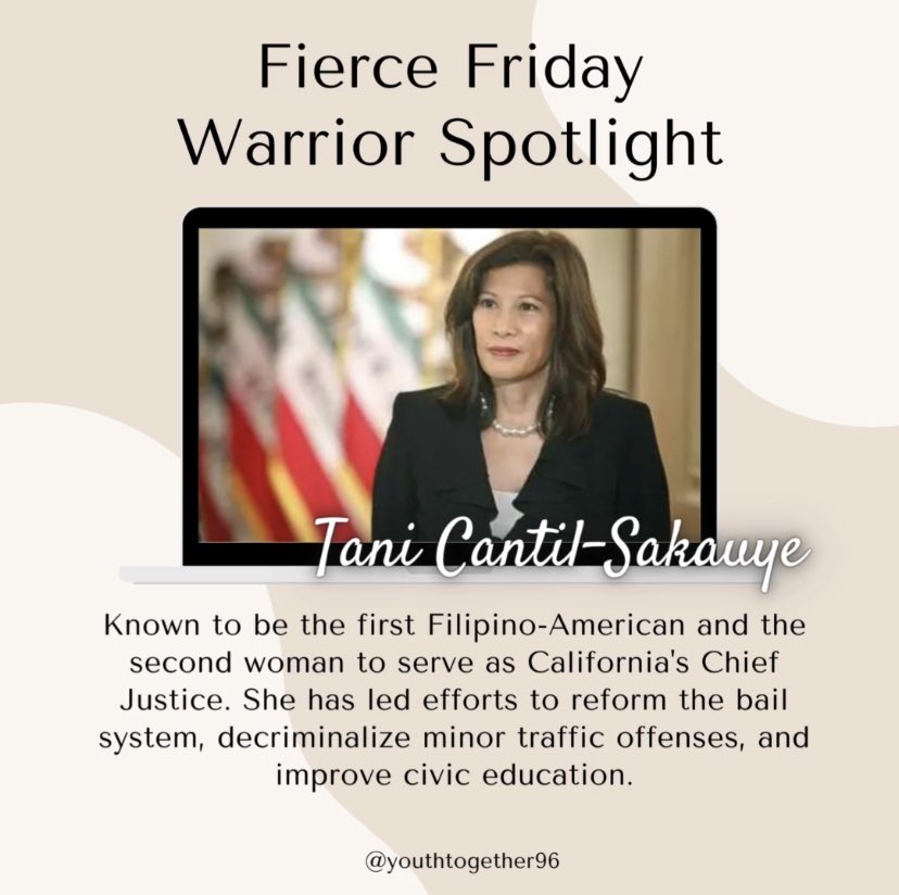 YouthTogether's tweet photo. Happy Friday! For this week’s #fiercefriday, we are highlighting Tani Cantil-Sakauye. 

#fiercefriday #youthtogether96 #youthtogether #180days #180dayscampaign  #shareyourthoughts #tanicantilsakauye https://t.co/6F0Dahjlu6