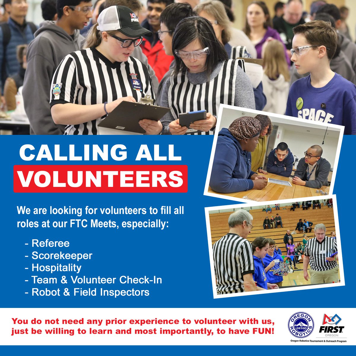 We are looking for volunteers! Contact volunteering@ortop.org so we can help you find the best role for you at events. All volunteers must register with FIRST, please visit ortop.org/volunteer for how to register.