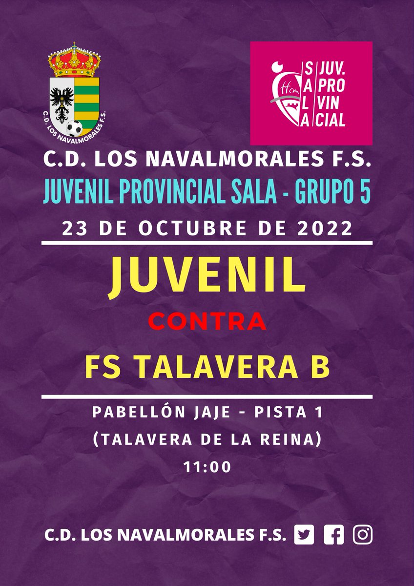 CDNavalmorales's tweet photo. Partidos semanales
22 de octubre de 2022
⚽ SÉNIOR vs @CD_LACELESTINA
🏟️ Pabellón Polideportivo de La Puebla de Montalbán
⏱️ 18:30
23 de octubre
⚽ JUVENIL vs @FS_Talavera
🏟️ Pabellón JAJE - Pista 1
⏱️ 11:00
#cdln #cdlosnavalmoralesfs #corazonmorado💜 #juvenil #senior https://t.co/QIkQPNoyWg