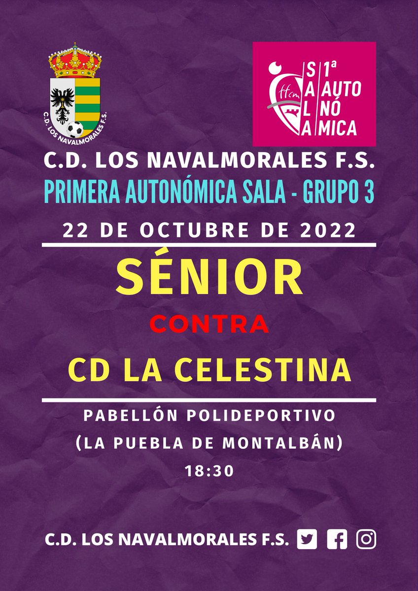 CDNavalmorales's tweet photo. Partidos semanales
22 de octubre de 2022
⚽ SÉNIOR vs @CD_LACELESTINA
🏟️ Pabellón Polideportivo de La Puebla de Montalbán
⏱️ 18:30
23 de octubre
⚽ JUVENIL vs @FS_Talavera
🏟️ Pabellón JAJE - Pista 1
⏱️ 11:00
#cdln #cdlosnavalmoralesfs #corazonmorado💜 #juvenil #senior https://t.co/QIkQPNoyWg