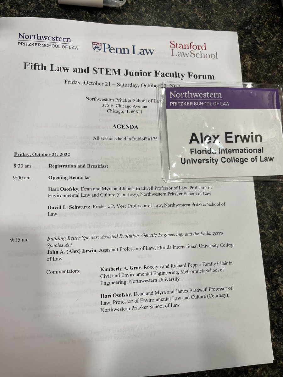 Thanks to @marklemley <a href="/ProfDSchwartz/">David Schwartz</a> &amp; Prof Chris Yoo for letting me present “Building Better Species” at the 5th Law and STEM Junior Faculty Forum. Thanks to <a href="/NorthwesternLaw/">Northwestern Law</a> <a href="/pennlaw/">University of Pennsylvania Carey Law School</a> &amp; <a href="/StanfordLaw/">Stanford Law School</a> for organizing. Thanks to <a href="/HariOsofsky/">Hari Osofsky</a> and Dr Kim Gray for insightful comments.