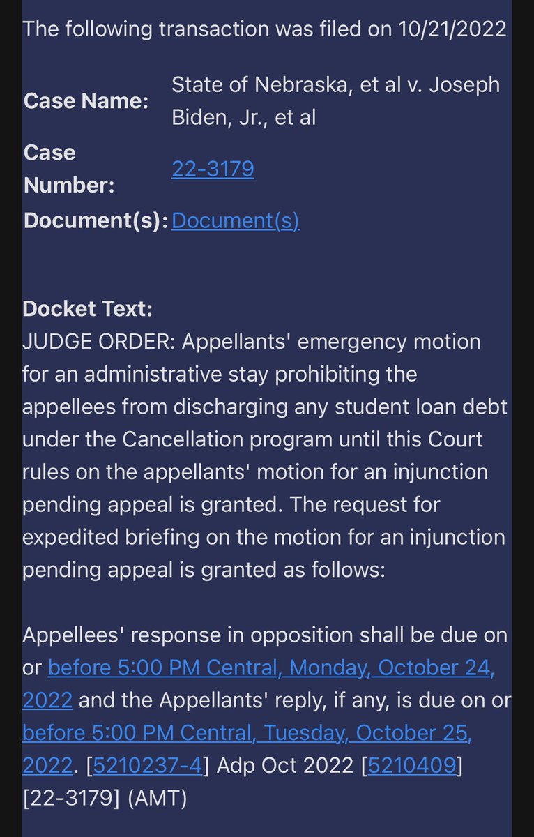 NEWS: 8th Circuit temporarily halts Biden admin from “discharging any student loan debt under the Cancellation program” as it weights emergency request to block the debt relief reprogram.