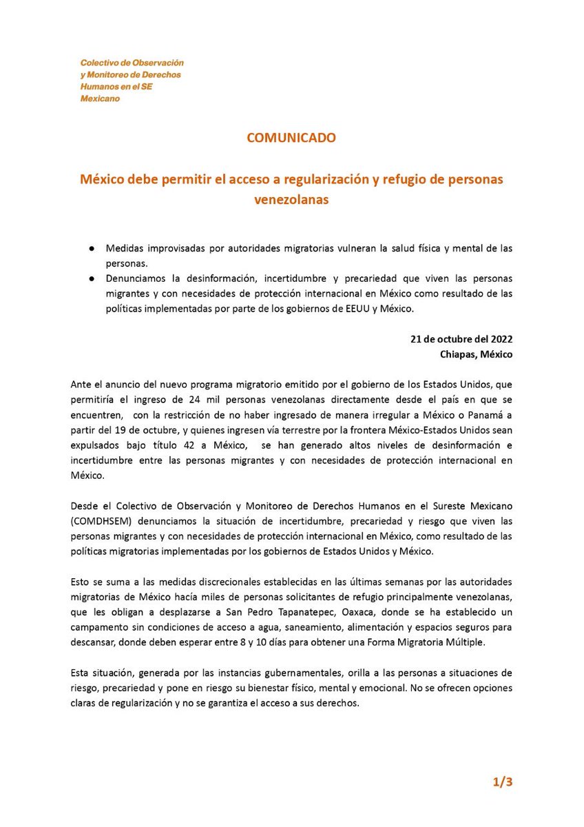 JRSMex's tweet photo. ⚠️ México debe permitir el acceso a regularización y refugio de personas venezolanas.
🟠Desde el #COMDHSEM denunciamos la la desinformación, incertidumbre y precariedad que viven las personas migrantes y con necesidades de protección internacional. https://t.co/ttVevHkF4c
