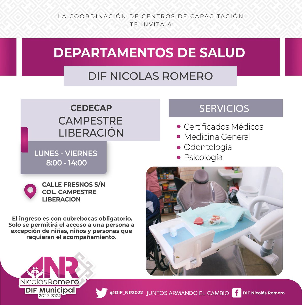 DIFNR_2527's tweet photo. En la Unidad Médica DIF contamos con departamentos de salud ubicados en los diferentes Centros de Capacitación en diferentes puntos del municipio. Visítalos, hay uno cerca de ti.

Tenemos los siguientes servicios en los horarios marcados. 
#DIFNR #JuntosArmandoElCambio https://t.co/px4FAR5m56