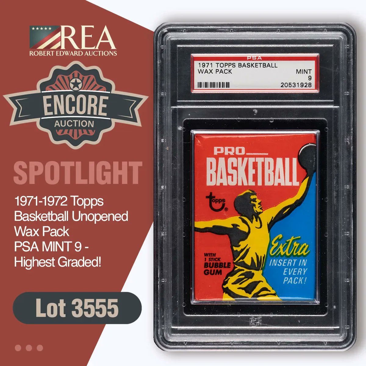 collect_rea's tweet photo. Encore Spotlight: Lot # 3555: 1971-1972 Topps Basketball Unopened Wax Pack PSA MINT 9 - Highest Graded! Bid Now: https://t.co/xKOctdYGxc
@REAOnline @PSAcard #basketballcards #unopenedpack #whodoyoucollect #thehobby #cardhunting #collectors #unopened #toppsbasketball https://t.co/bGwCWcu0Gj