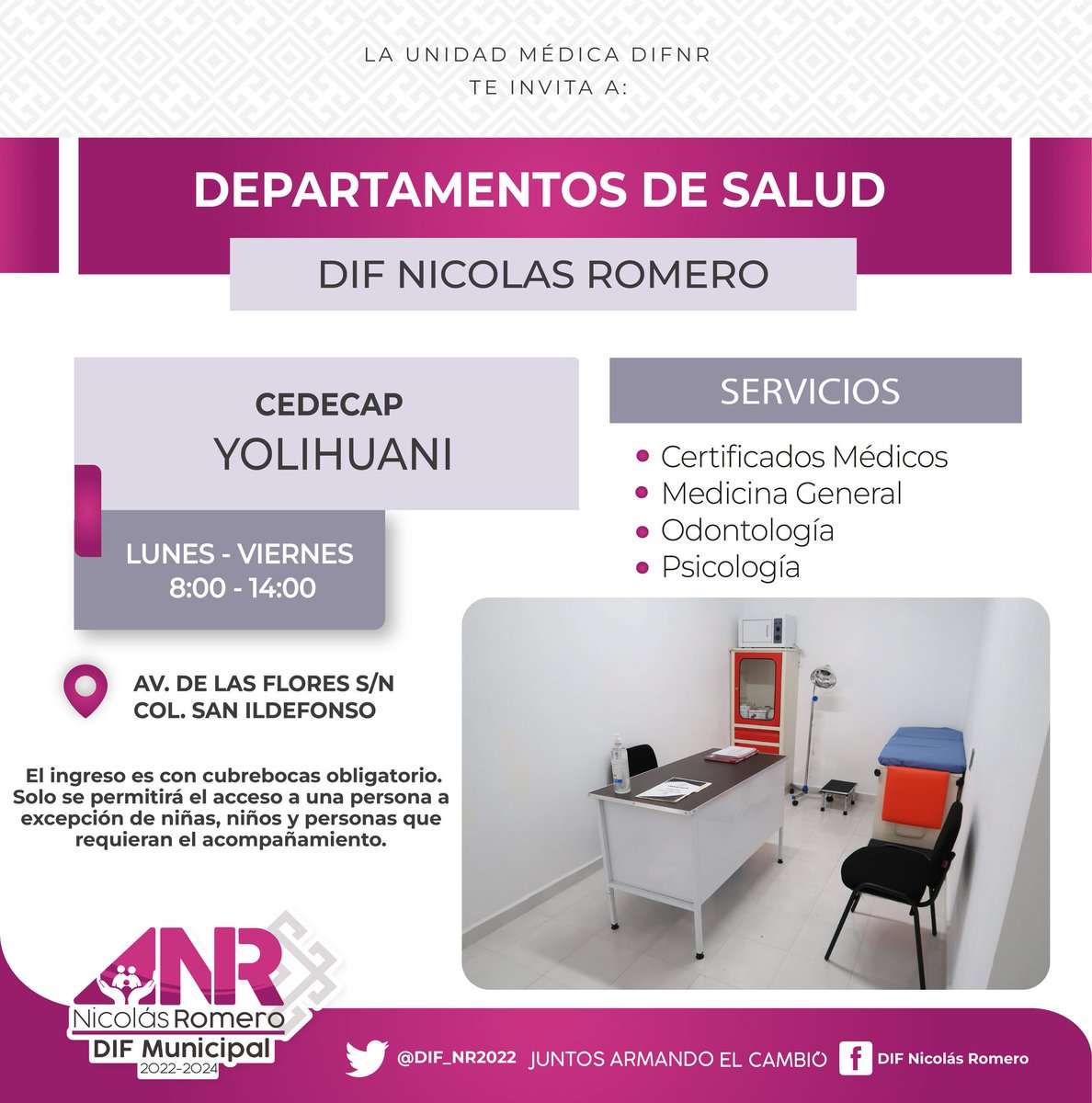 DIFNR_2527's tweet photo. En la Unidad Médica DIF contamos con departamentos de salud ubicados en los diferentes Centros de Capacitación en diferentes puntos del municipio. Visítalos, hay uno cerca de ti.

Tenemos los siguientes servicios en los horarios marcados. 
#DIFNR #JuntosArmandoElCambio https://t.co/px4FAR5m56