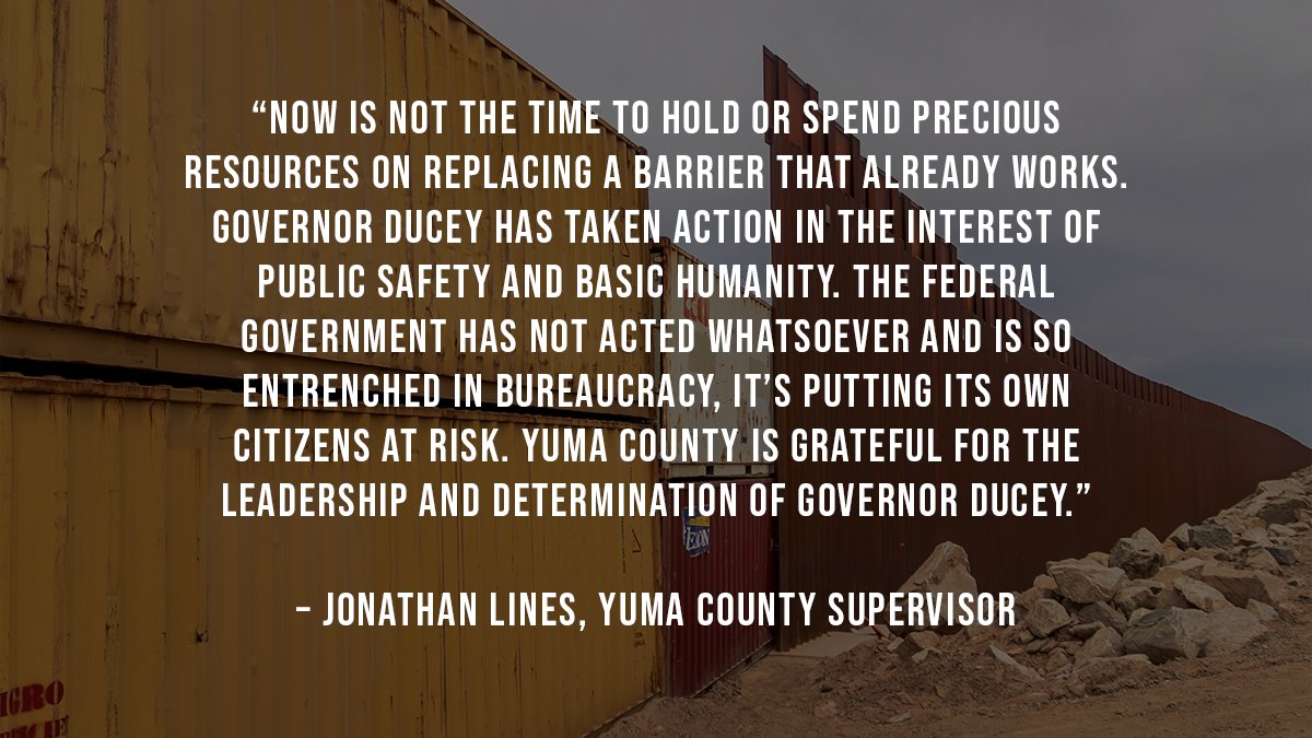 DougDucey's tweet image. We will not reverse the progress of Arizona’s Border Barrier Mission.