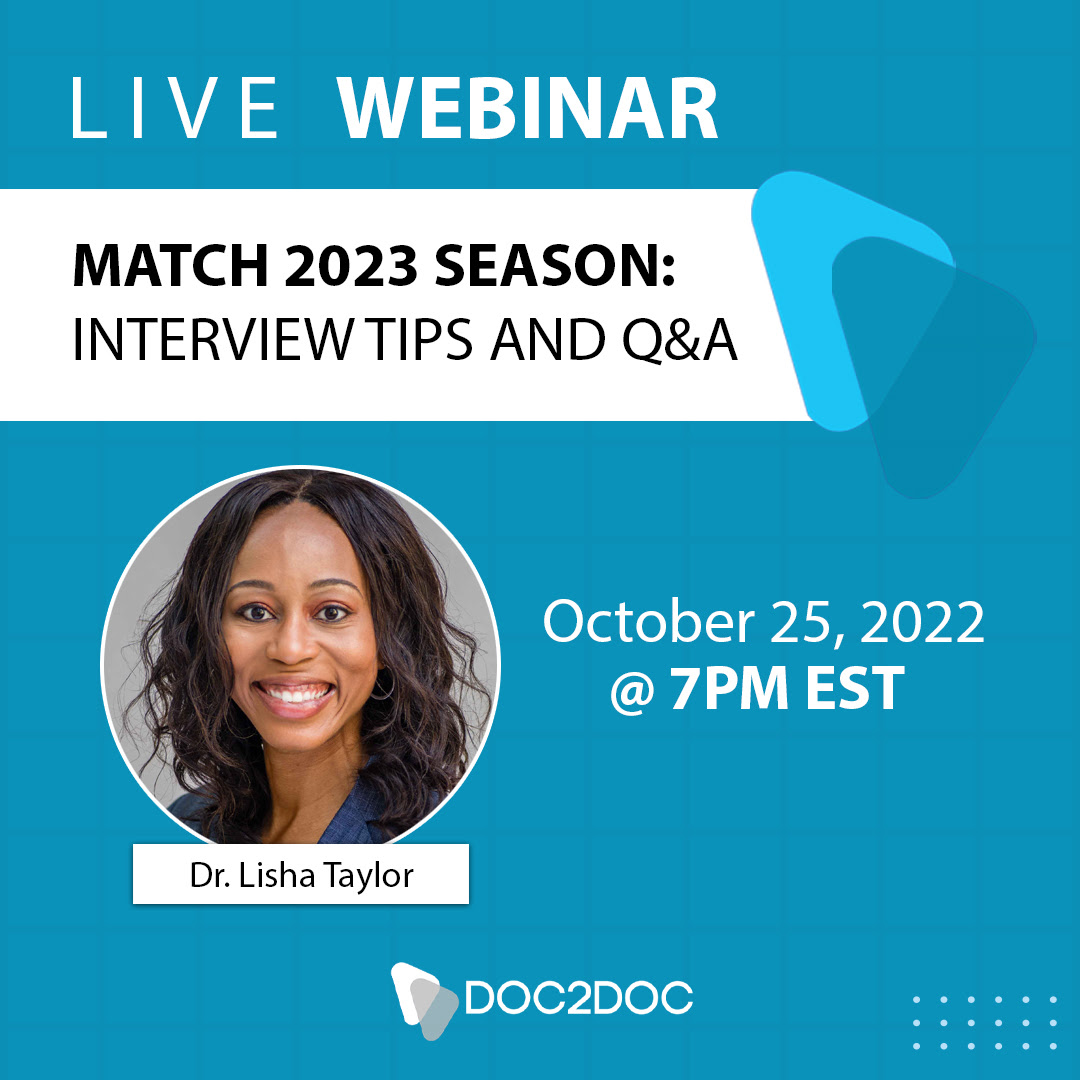 Familia, take advantage of this opportunity! ✨ Doc2Doc lending will be presenting a series of webinars for medical students. The first one will be held on October 25th at 7:00 pm EST regarding interview tips to prepare 4th year medical students for Match 2023 season.