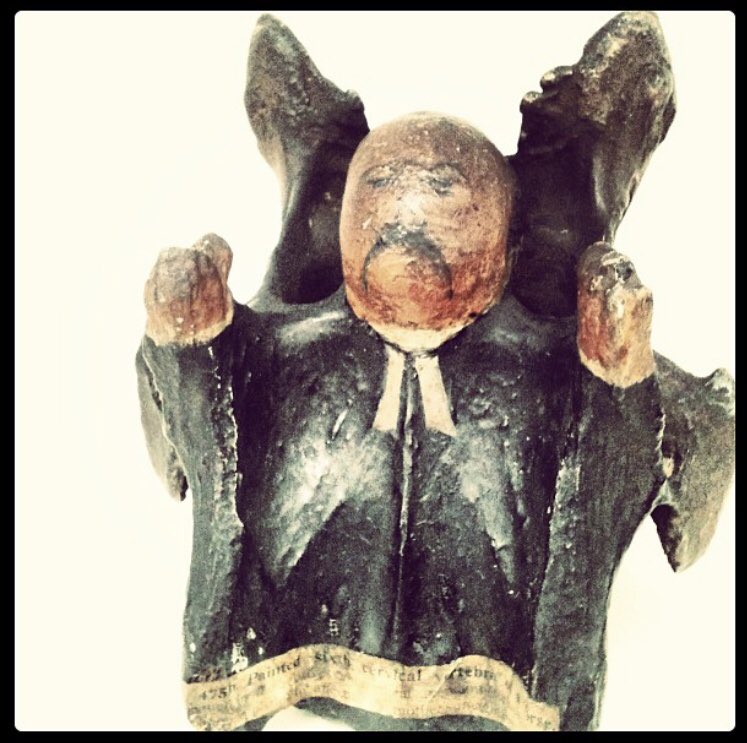 HelenaBrors's tweet photo. These cervical vertebræ from dead horses and cows are all painted in the image of John Wesley, the founder of Methodism. Whether these examples of British #FolkArt were made by devout Methodists or by scornful drunkards is unclear. #31DaysOfHalloween #Gothtober #OfDarkAndMacabre https://t.co/hUEoa3g1eN