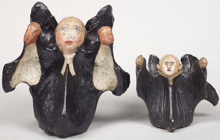 HelenaBrors's tweet photo. These cervical vertebræ from dead horses and cows are all painted in the image of John Wesley, the founder of Methodism. Whether these examples of British #FolkArt were made by devout Methodists or by scornful drunkards is unclear. #31DaysOfHalloween #Gothtober #OfDarkAndMacabre https://t.co/hUEoa3g1eN