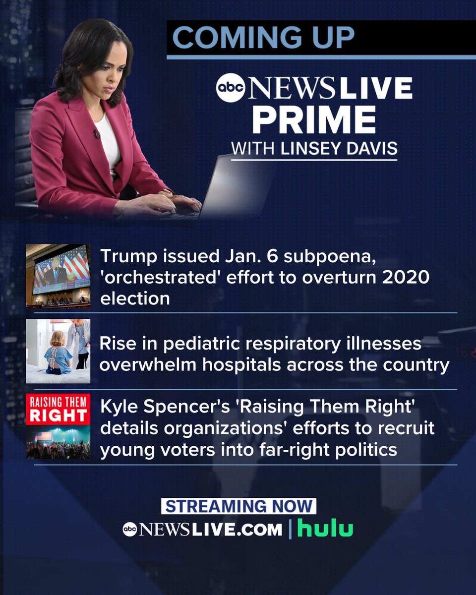 TONIGHT: ➡️@PierreTABC breaks down the formal Trump subpoena ➡️Dr. @AlokPatelMD on what parents should know ➡️@KyleYSpencer discusses new book with @KaynaWhitworth Stream now at abcnewslive.com