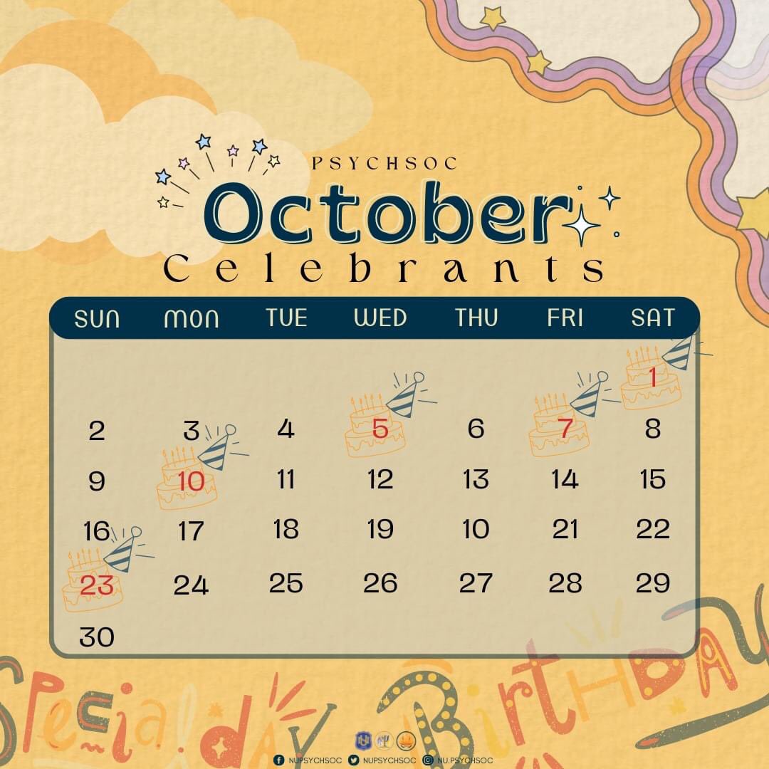 nupsychsoc's tweet photo. We wish all the PSYCHSOC October babies a happiest birthday! May the odds be in your favor, always!

Thank you for all your contributions to the organization. 

#ExcellenceandResilienceforOutreachhService https://t.co/2LooOAJ3nj