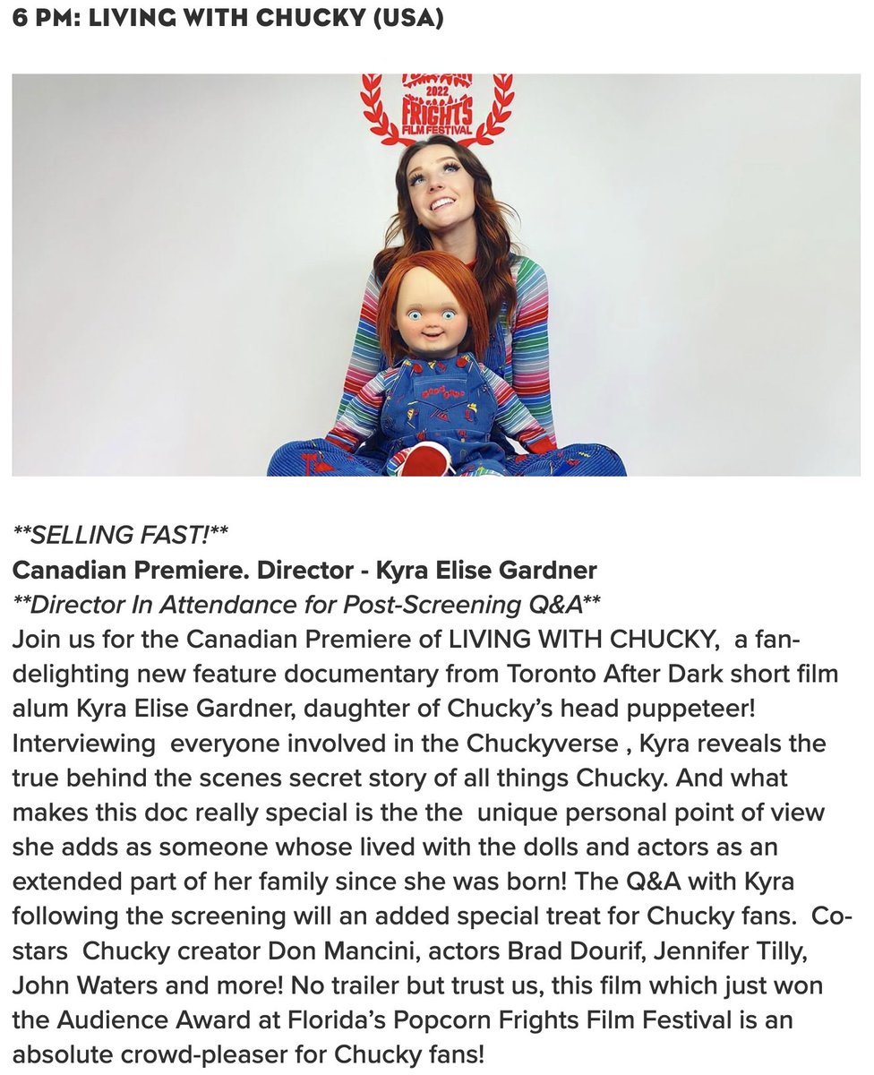 Sunday! Don't miss the Canadian premiere of Living With Chucky at the Toronto After Dark film festival at 6pm 
.
.
.
@TADFilmFest @kyramyra3 #LivingWithChucky #KyraEliseGardner #chucky #killerdoll #premiere