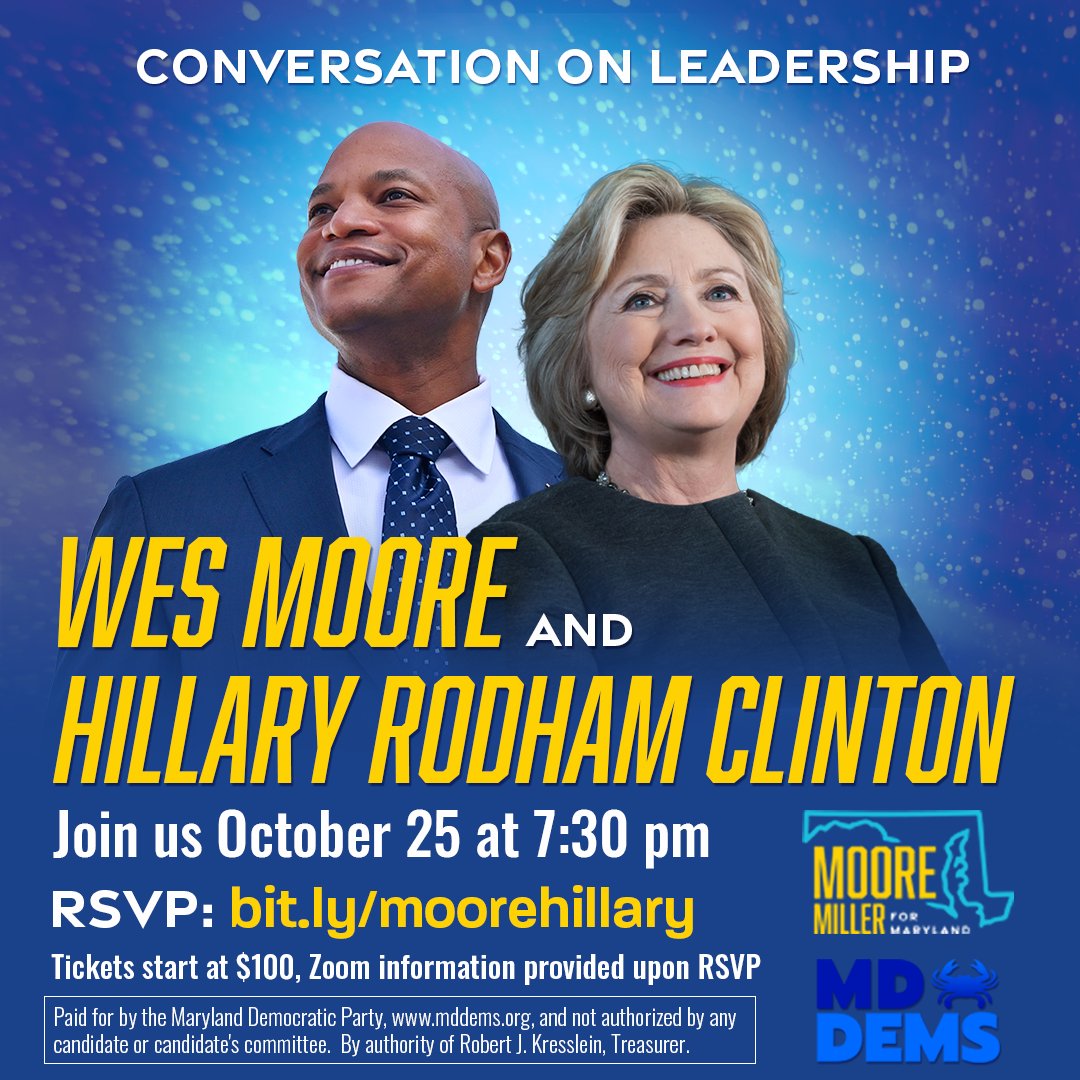 I’m excited to invite you to join @HillaryClinton and me for a conversation on leadership on Tuesday evening. The stakes of this election could not be higher. We’re united to move Maryland forward and to deliver the leadership families deserve. Join us: bit.ly/moorehillary