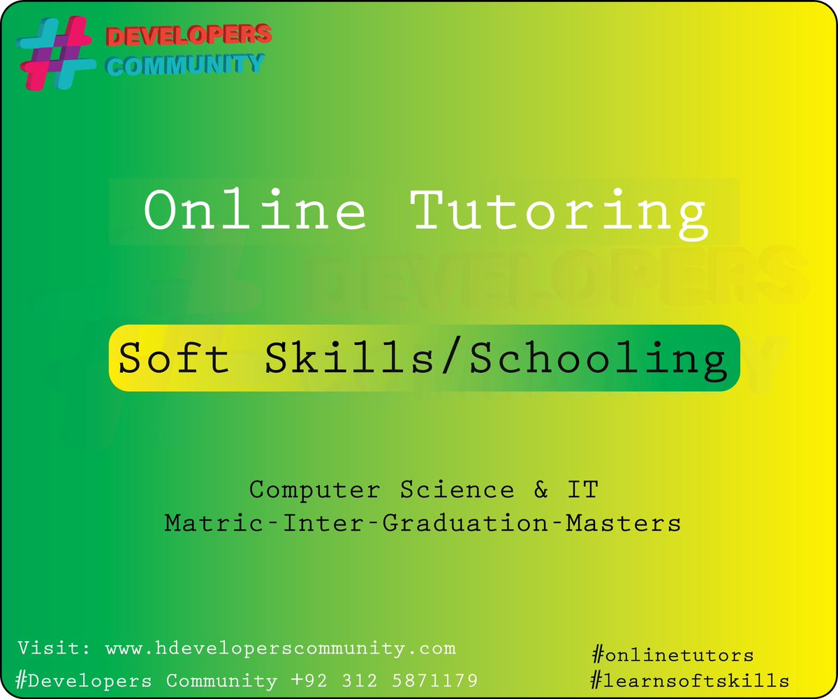 Online Tutor Soft Skills & Schooling Learn Research & Development related to Computer Science & IT Contact for more details: *+92 312 58 71179* (SMS, Call or Whatsapp) #learnsoftskills #csprojects #trends #designing #development #onlinetutoring 🌎International