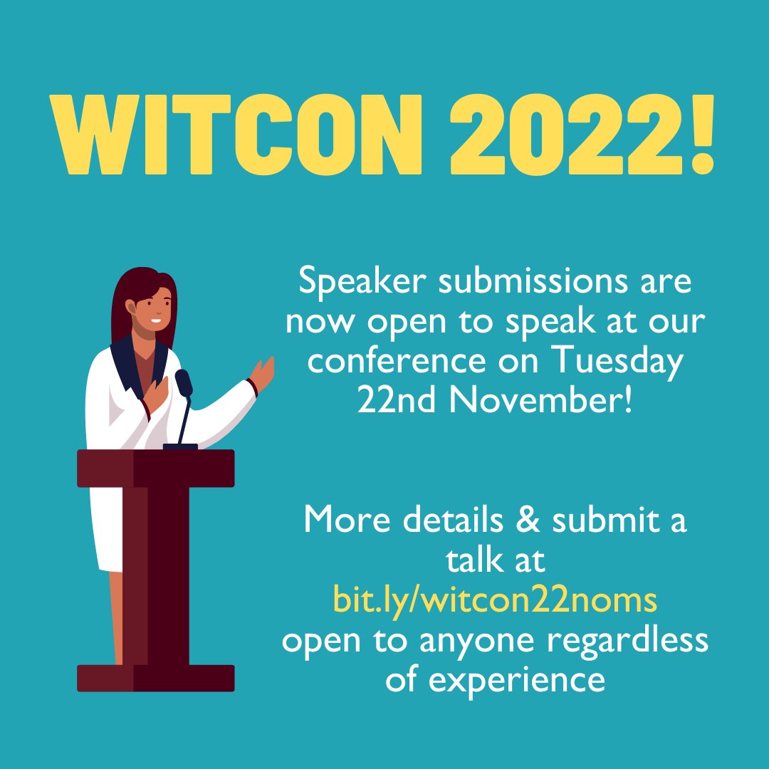 📣Speaker submissions are now open for WITCon 2022!
We're open to any talks surrounding STEM, post-uni life, and more. No experience is needed to speak at WITCon on 22/11/2022 at VUW.
Submissions close 3/11/2022. For more details &amp; to submit a talk go to bit.ly/witcon22noms