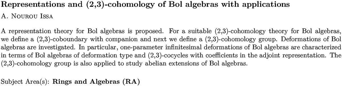 arxiv.org/abs/2210.11397…
A N Issa
Representations and (2,3)-cohomology of Bol algebras with applications