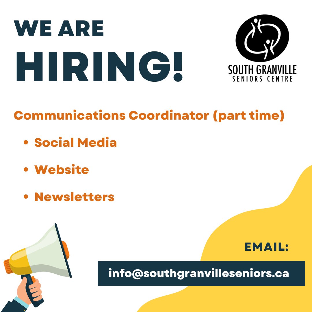 We are looking for a Communications Coordinator to help run our social media accounts, website and create our newsletters.  Candidates must have effective communication skills, and an interest in working with seniors. For more information go to southgranvilleseniors.ca/job-opportunit…