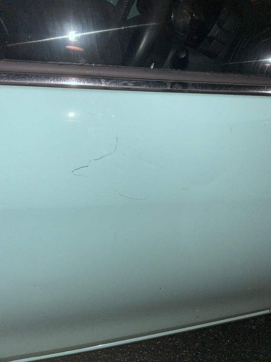 Ruth_E_Bonsor's tweet photo. @voitechnology this is what happens where there are no regulations for who can ride a scooter. Two clearly drunk people on one scooter swerve into my stationary car and then leave without checking for damage. Who’s going to be paying for this then? https://t.co/hXbCRFKdyB