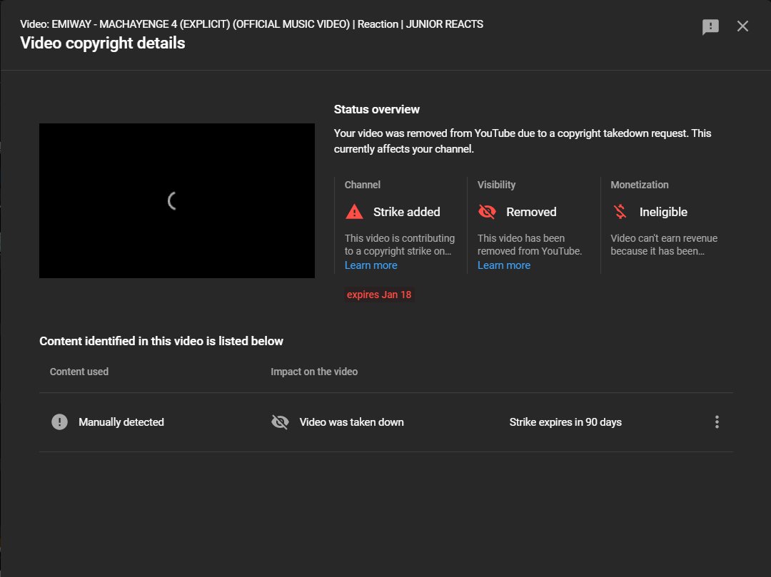 junior_is_back1's tweet photo. I recently received multiple manual copyright strike from 'Vinayak Kavithia' which has led to termination. No info related to the content used, No Timestamps provided on dashboard. Please fix this ASAP @YouTubeIndia @TeamYouTube @YTCreatorsIndia https://t.co/0TcB8FVu6W