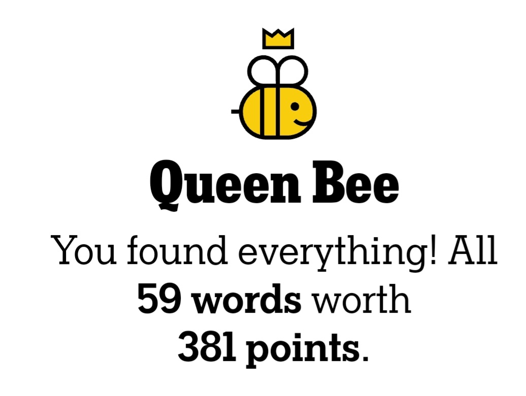 Friday's #NYTSpellingBee- Long but not overwhelming, with a little boost from @beesolved right at the end. #nytsb #hivemind #spellingbee