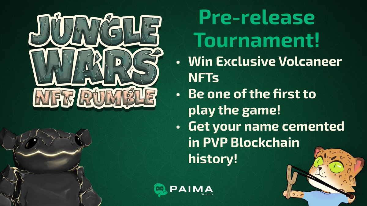Pre-release Tournament! 🎉 Want to be one of the first to play Paima Studios’ game, Jungle Wars: NFT Rumble! Near the end of November, we'll host the first Jungle Wars tournament for Paima_OGs! Be the best & win a Volcaneer before they’re released!⬇️ discord.com/invite/zTuFWn5… 1/