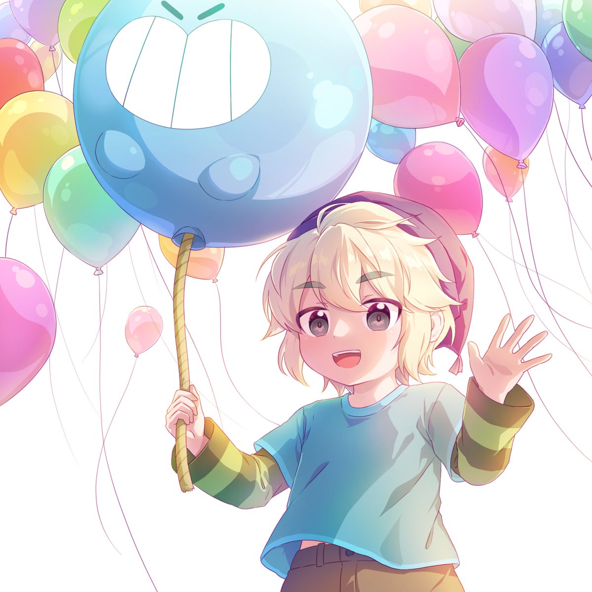 balloon 1boy blonde hair male focus male child hat smile  illustration images